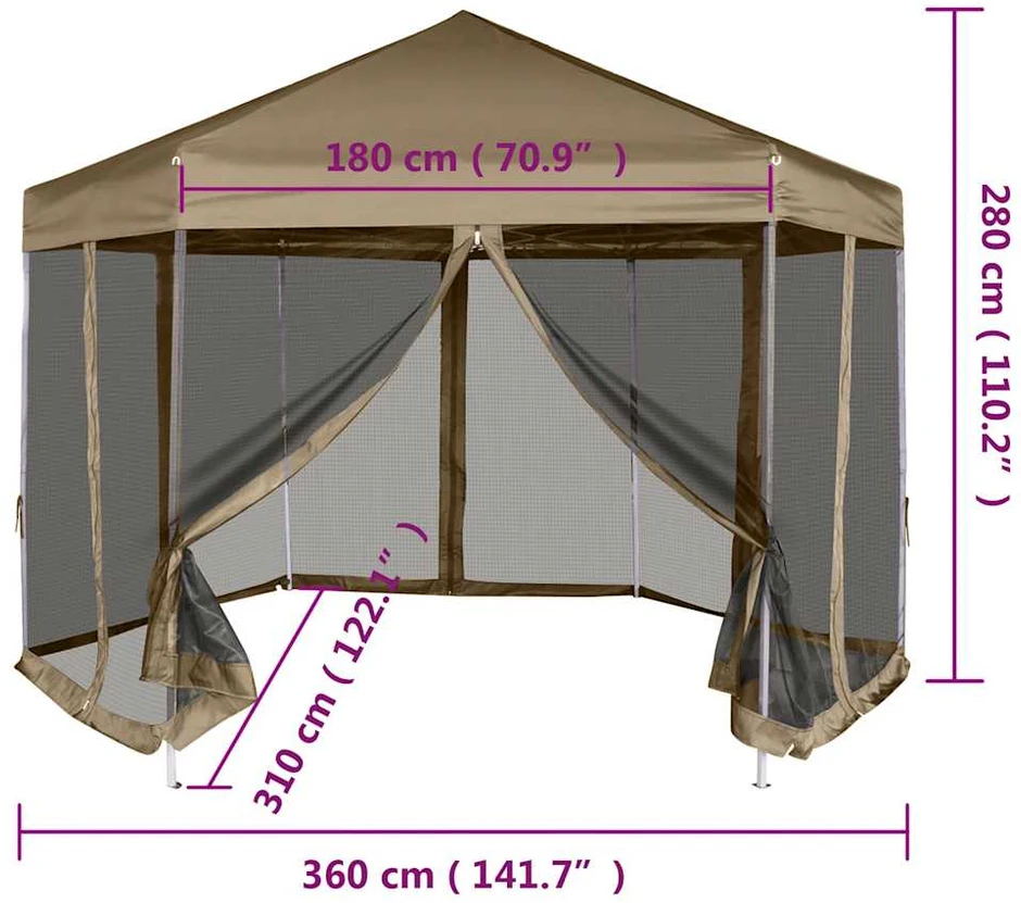 Šešiakampė išskleidžiama palapinė su sienomis, taupe, 3,6x3,1m