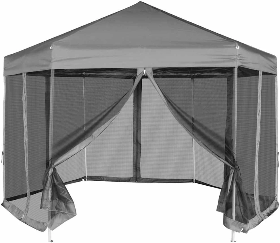 Šešiakampė sulankstoma pavėsinė, 6 sienelės, pilka, 3,6x3,1m