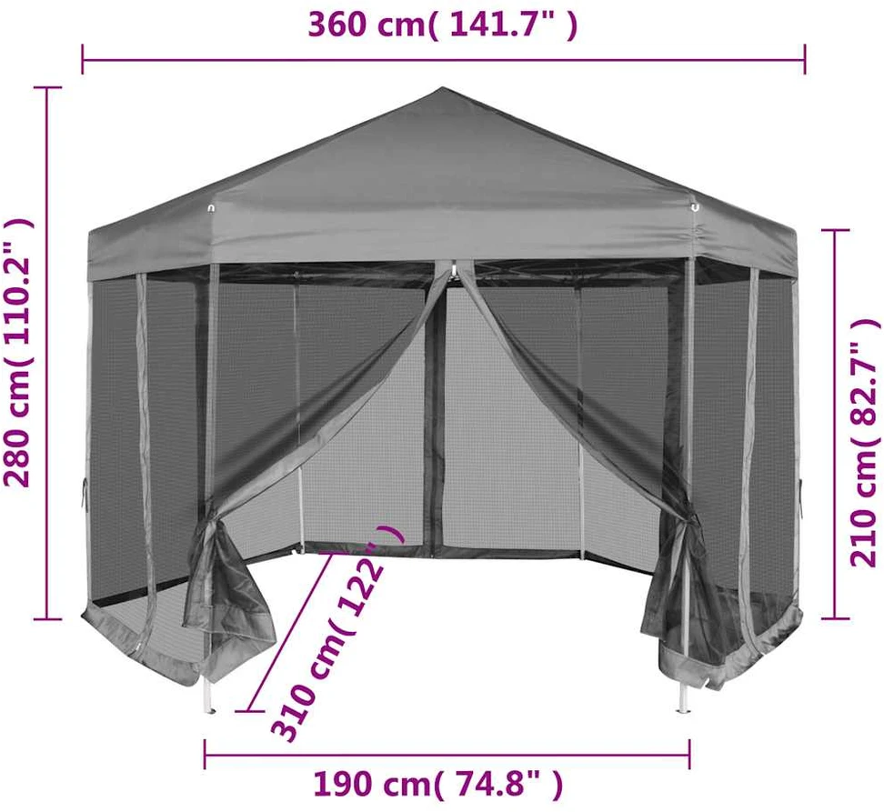 Šešiakampė sulankstoma pavėsinė, 6 sienelės, pilka, 3,6x3,1m