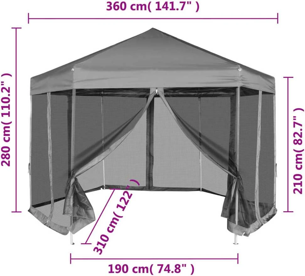 Šešiakampė sulankstoma pavėsinė, 6 sienelės, pilka, 3,6x3,1m