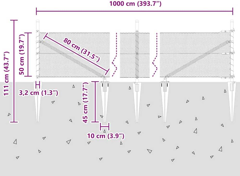 Lauko šešiakampė tvora su stulpu 10 x 0,5 m Sidabrinė Tinklelis