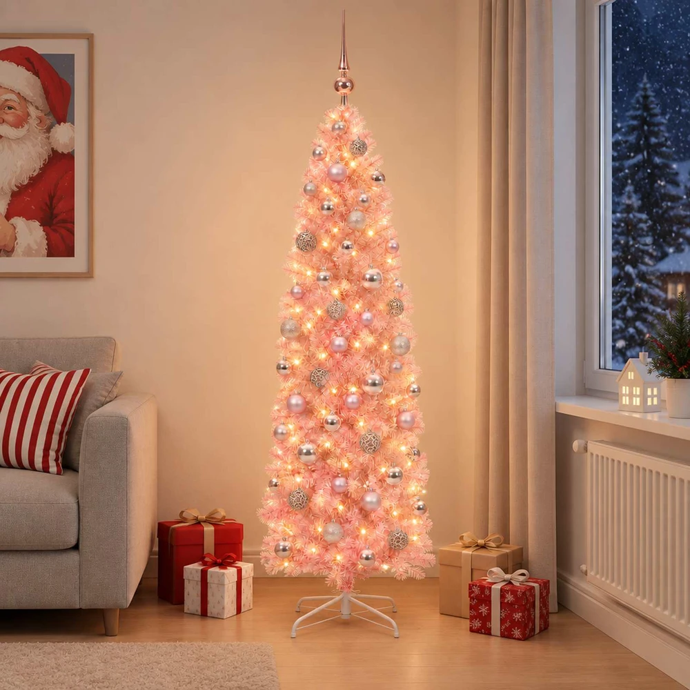 Siaura dirbtinė Kalėdų eglutė su žaisliukais 180 cm 300 LED