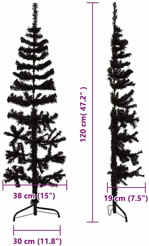 Siaura dirbtinė pusinė Kalėdų eglutė su stovu, juoda, 120cm