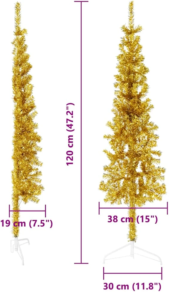 Siaura dirbtinė pusinė Kalėdų eglutė su stovu, auksinė, 120cm