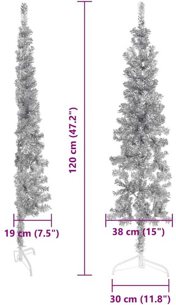 Siaura dirbtinė pusinė Kalėdų eglutė su stovu, sidabrinė, 120cm
