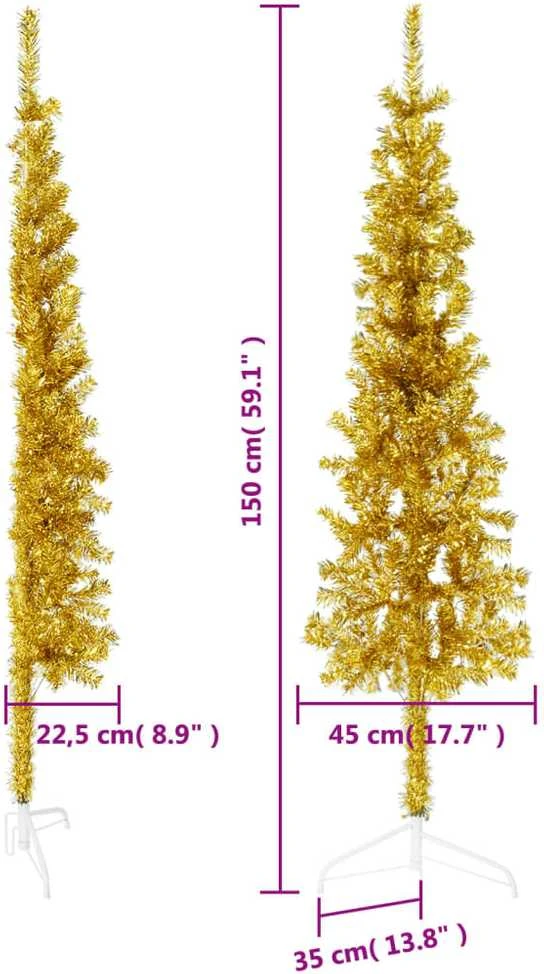 Siaura dirbtinė pusinė Kalėdų eglutė su stovu, auksinė, 150cm