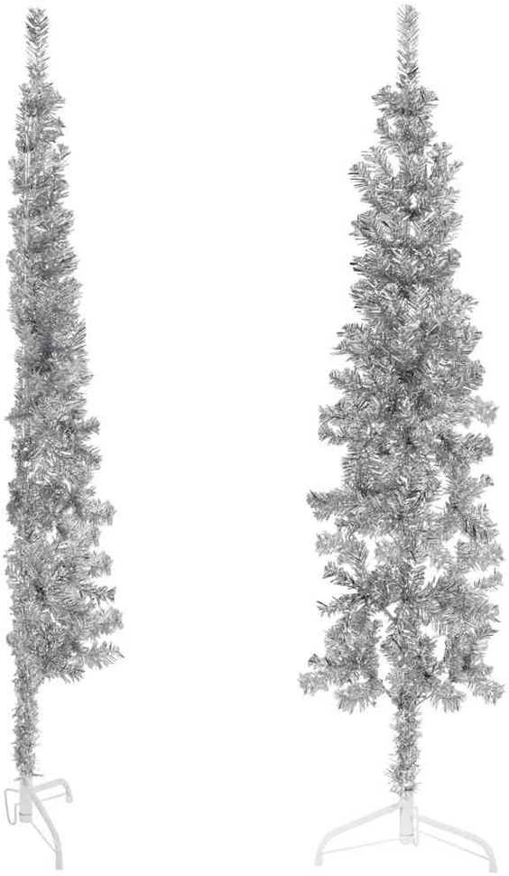 Siaura dirbtinė pusinė Kalėdų eglutė su stovu, sidabrinė, 120cm