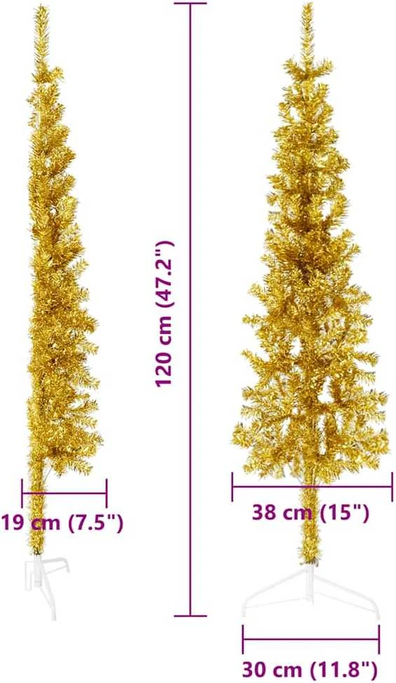 Siaura dirbtinė pusinė Kalėdų eglutė su stovu, auksinė, 120cm