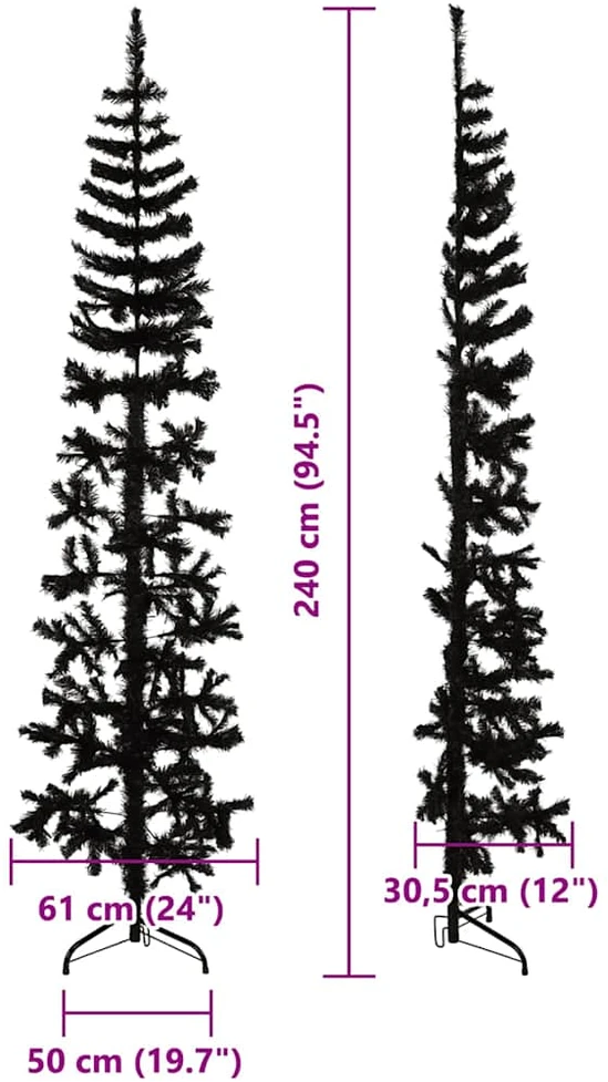Siaura dirbtinė pusinė Kalėdų eglutė su stovu, juoda, 240cm