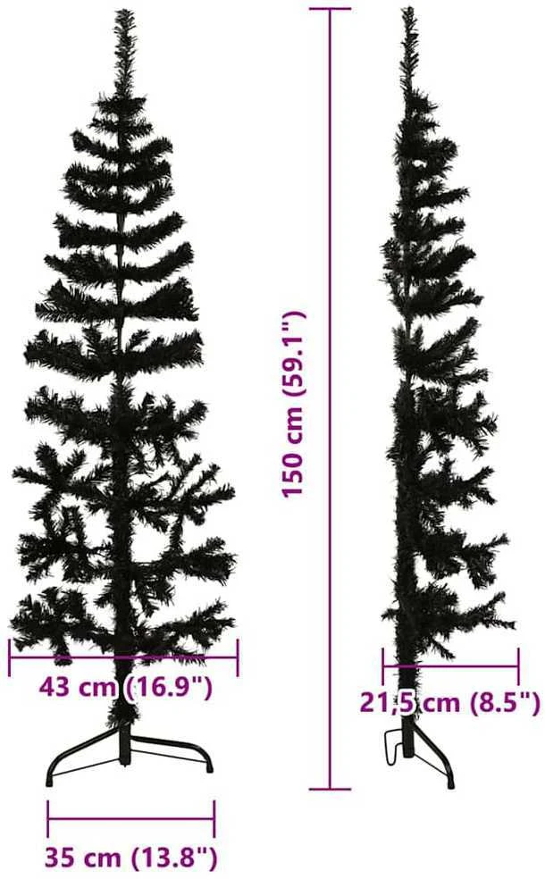 Siaura dirbtinė pusinė Kalėdų eglutė su stovu, juoda, 150cm