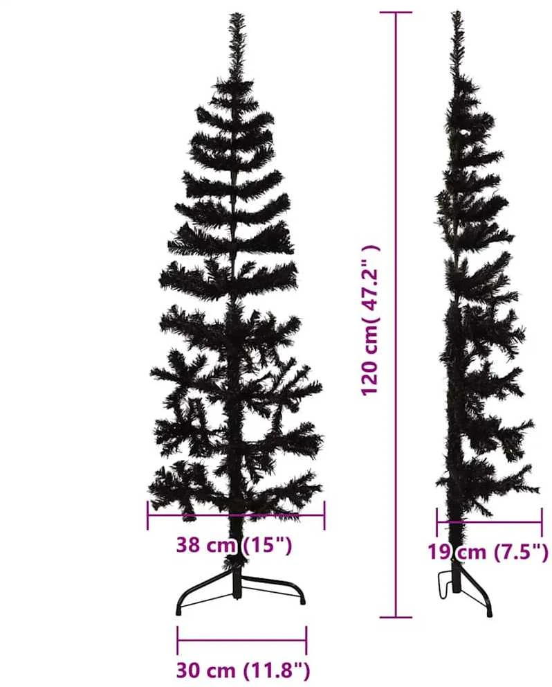 Siaura dirbtinė pusinė Kalėdų eglutė su stovu, juoda, 120cm