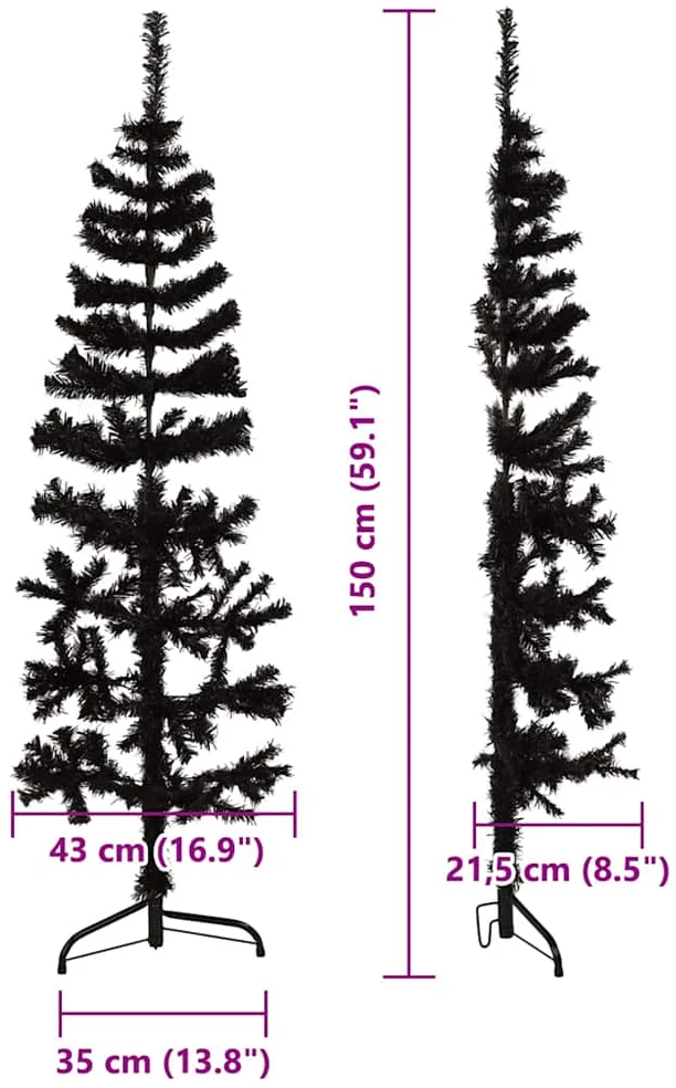 Siaura dirbtinė pusinė Kalėdų eglutė su stovu, juoda, 150cm