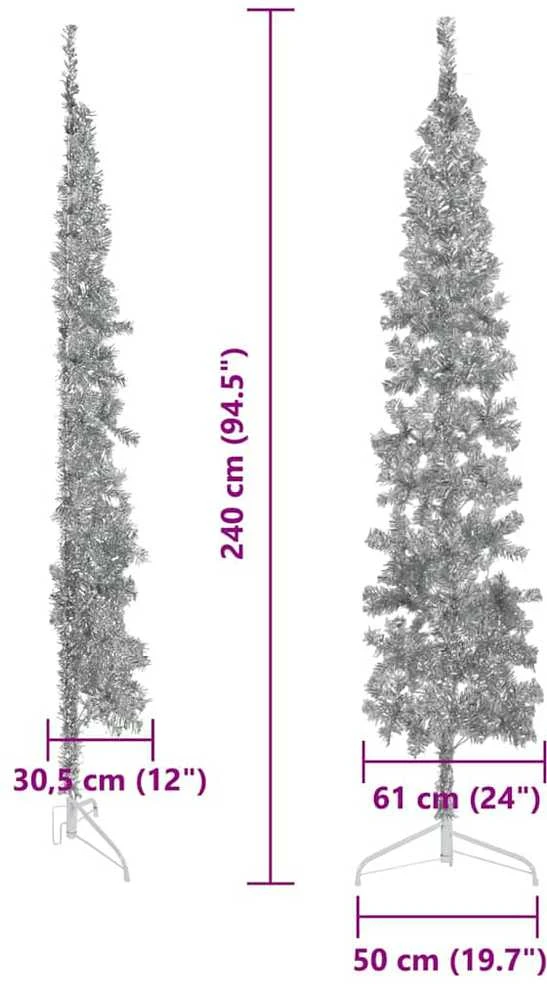 Siaura dirbtinė pusinė Kalėdų eglutė su stovu, sidabrinė, 240cm