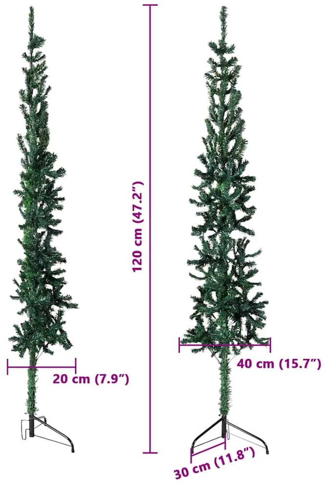 Siaura dirbtinė pusinė Kalėdų eglutė su stovu, žalia, 120cm