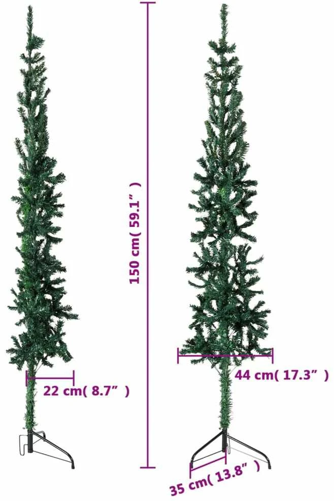 Siaura dirbtinė pusinė Kalėdų eglutė su stovu, žalia, 150cm
