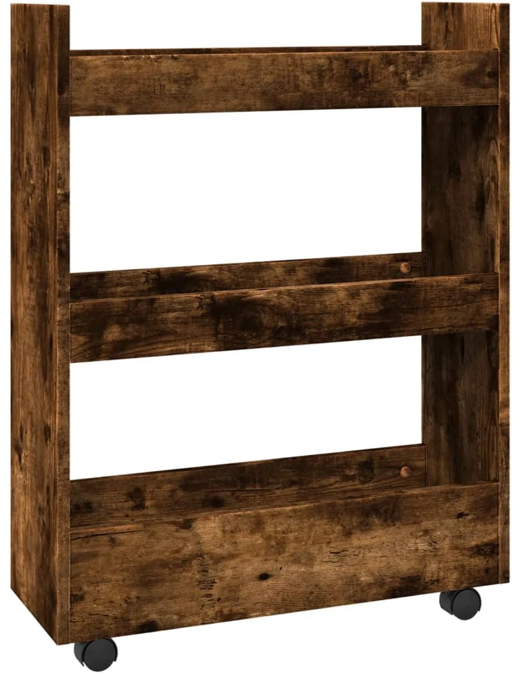 Siauras vežimėlis daiktams, 3 aukštų, dūminis, apdirbta mediena