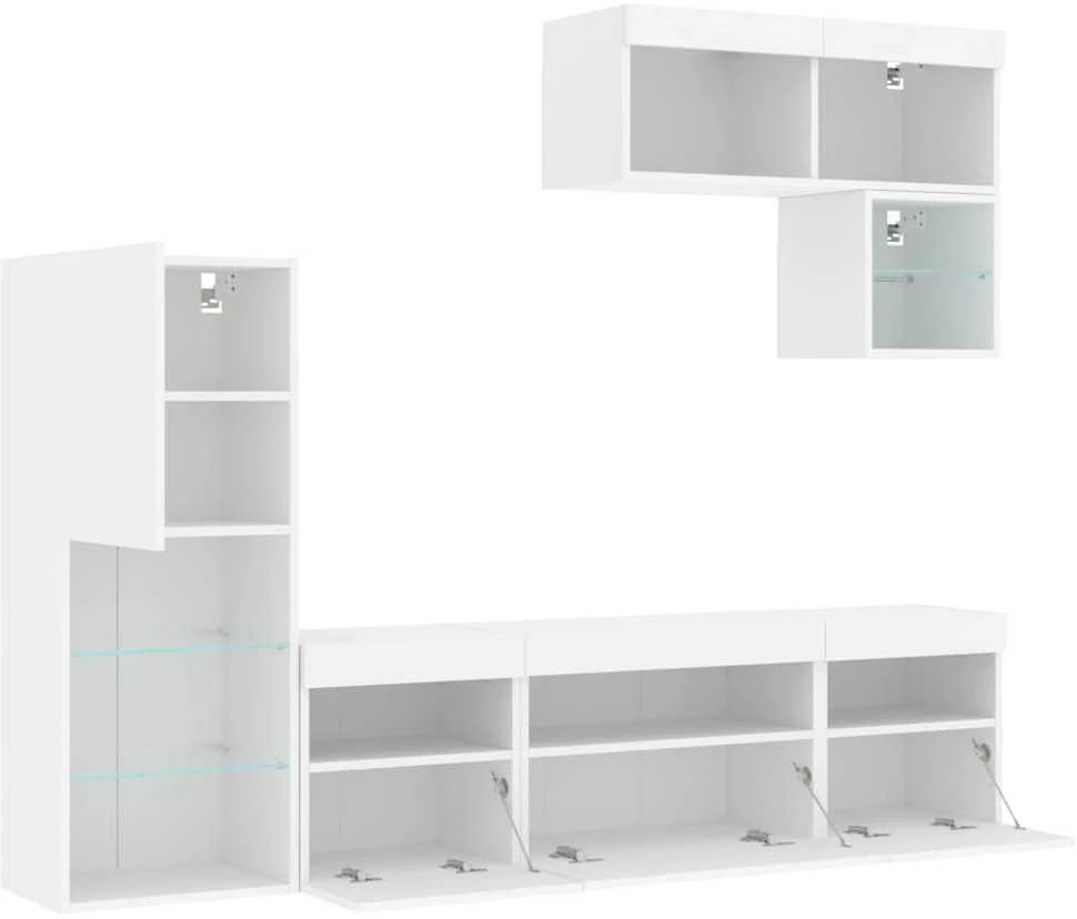 TV staliukas Sieninė TV sekcija su LED, 6 dalių, balta, apdirbta mediena