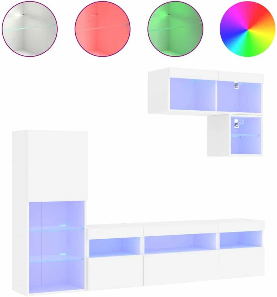 TV staliukas Sieninė TV sekcija su LED, 6 dalių, balta, apdirbta mediena