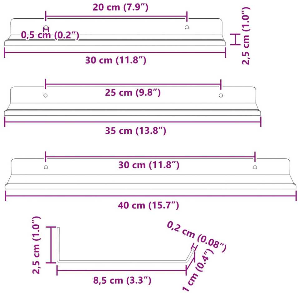 Plūduriuojanti lentyna 3 vnt. Juodas 40 x 9 x 2,5 cm Plienas