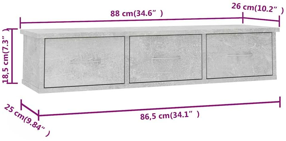 TV staliukas Sieninė lentyna su stalčiais, betono, 88x26x18,5cm, mediena