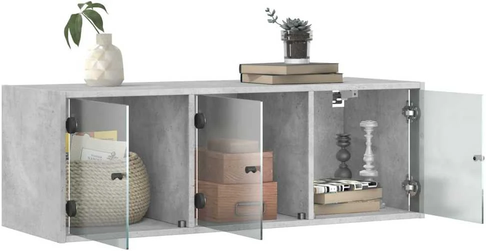 Sieninė spintelė su stiklinėmis durelėmis, betono, 102x37x35cm