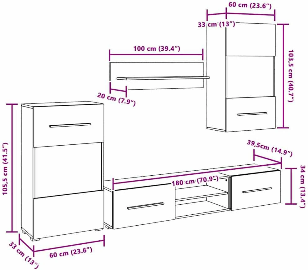 TV staliukas Sieninė televizoriaus spintelė su LED apšvietimu, 5d., juoda