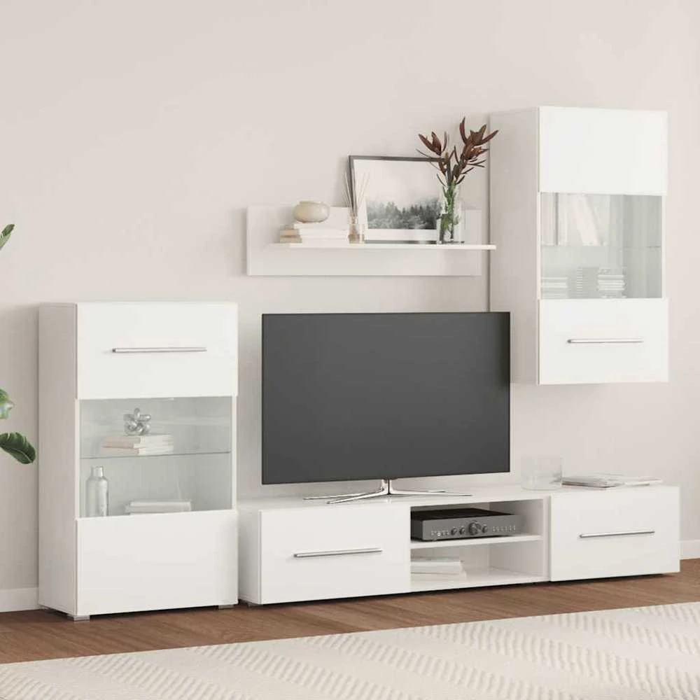 TV staliukas Sieninė televizoriaus spintelė su LED apšvietimu, 5d., balta