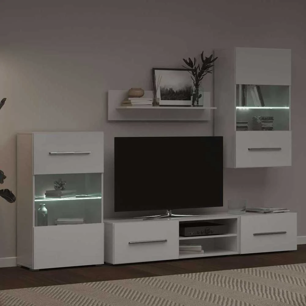 TV staliukas Sieninė televizoriaus spintelė su LED apšvietimu, 5d., balta