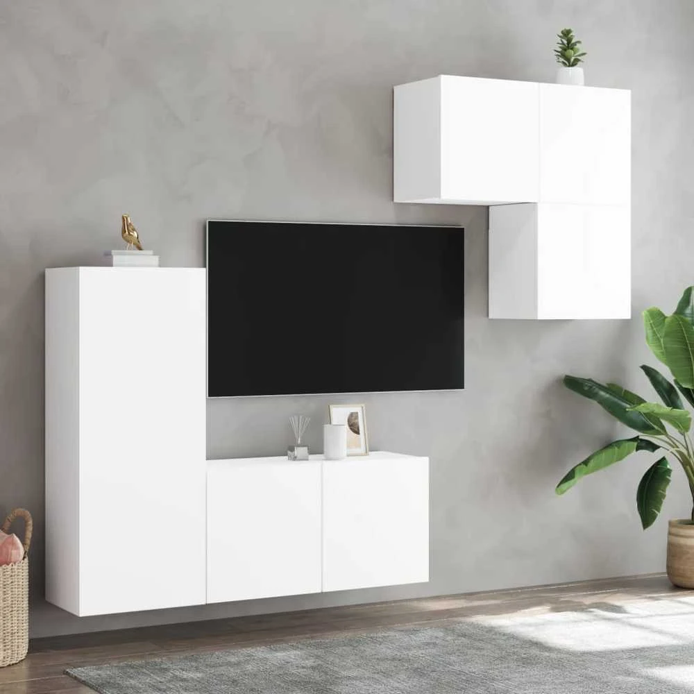 TV staliukas Sieninė TV sekcija, 4 dalių, baltos spalvos, apdirbta mediena