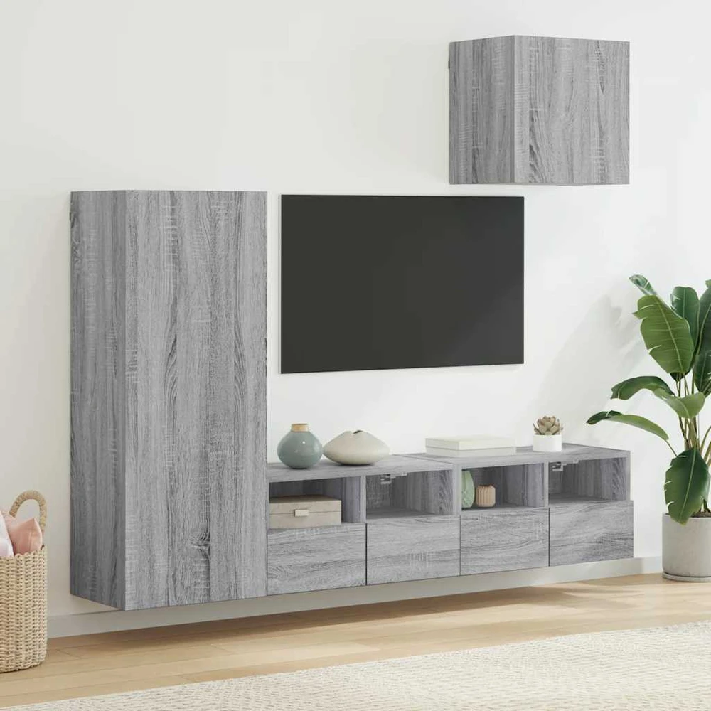 TV staliukas Sieninė TV sekcija, 4 dalių, pilka ąžuolo, apdirbta mediena