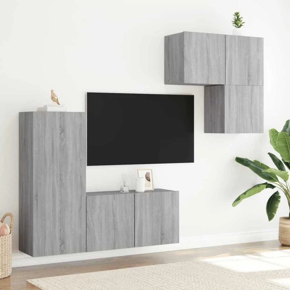 TV staliukas Sieninė TV sekcija, 4 dalių, pilka ąžuolo, apdirbta mediena
