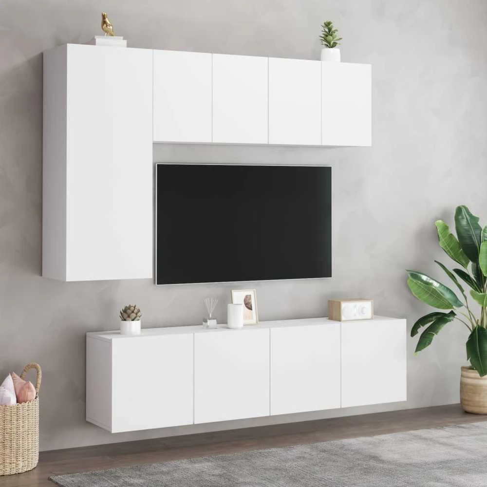 TV staliukas Sieninė TV sekcija, 5 dalių, baltos spalvos, apdirbta mediena