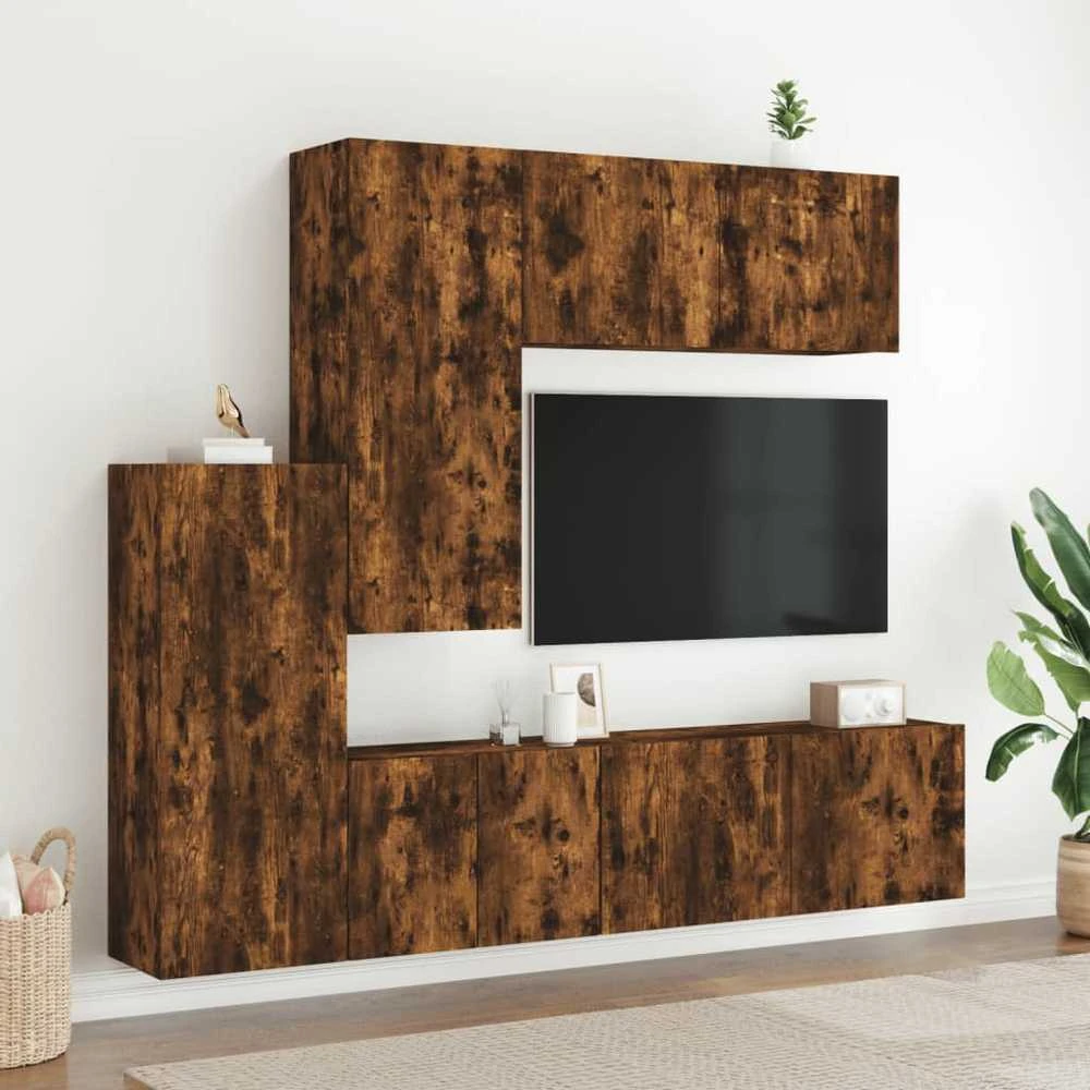 TV staliukas Sieninė TV sekcija, 5 dalių, dūminio ąžuolo, apdirbta mediena
