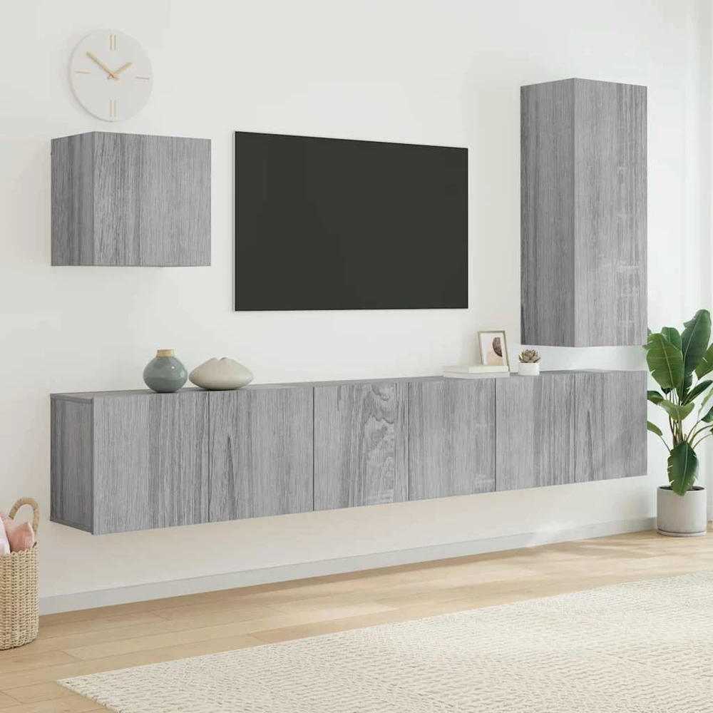 TV staliukas Sieninė TV sekcija, 5 dalių, pilka ąžuolo, apdirbta mediena