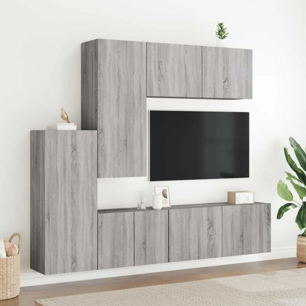 TV staliukas Sieninė TV sekcija, 5 dalių, pilka ąžuolo, apdirbta mediena