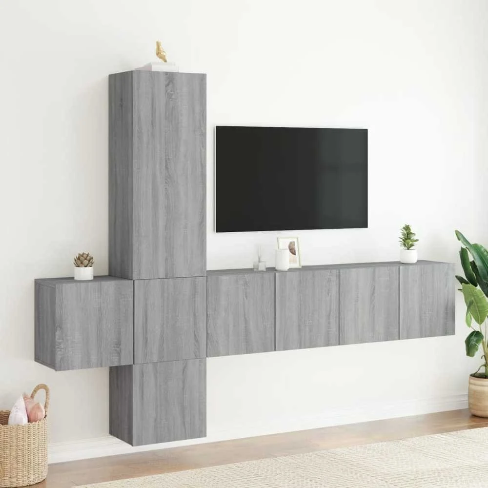 TV staliukas Sieninė TV sekcija, 5 dalių, pilka ąžuolo, apdirbta mediena