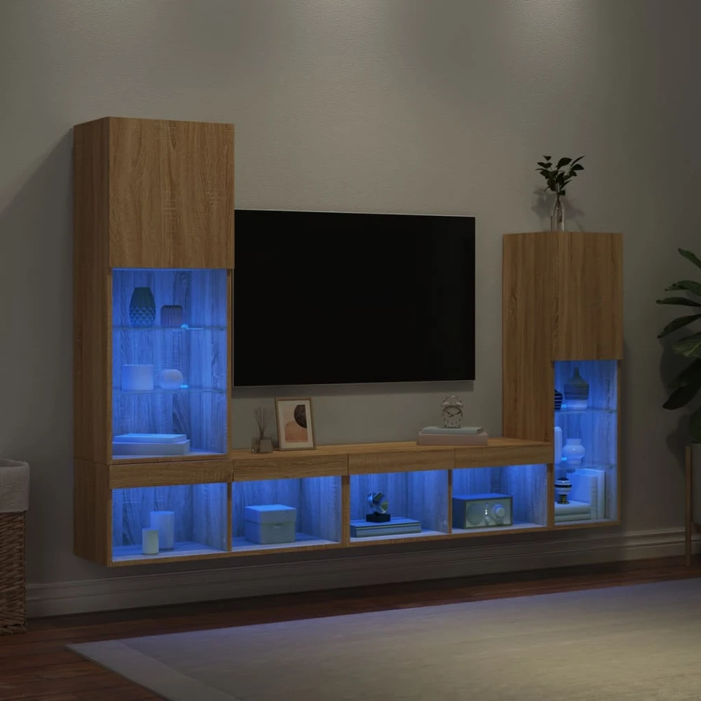 TV staliukas Sieninė TV sekcija su LED, 4 dalių, ąžuolo, apdirbta mediena