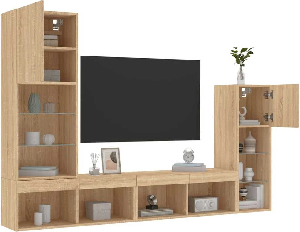 TV staliukas Sieninė TV sekcija su LED, 4 dalių, ąžuolo, apdirbta mediena