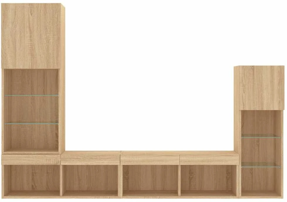 TV staliukas Sieninė TV sekcija su LED, 4 dalių, ąžuolo, apdirbta mediena