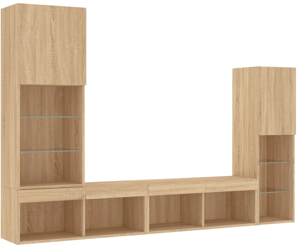 TV staliukas Sieninė TV sekcija su LED, 4 dalių, ąžuolo, apdirbta mediena
