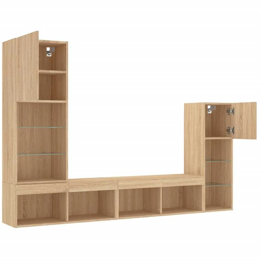 TV staliukas Sieninė TV sekcija su LED, 4 dalių, ąžuolo, apdirbta mediena