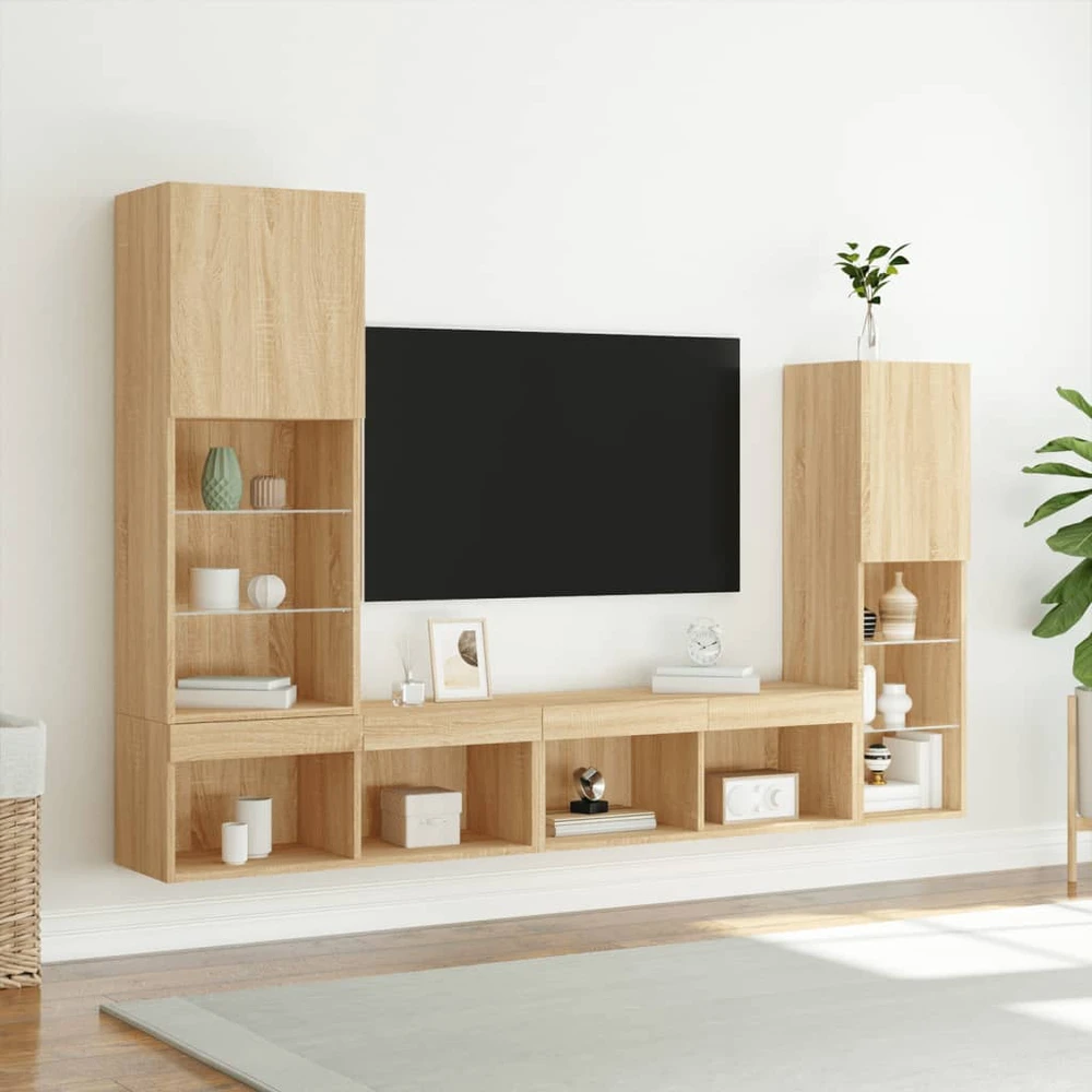 TV staliukas Sieninė TV sekcija su LED, 4 dalių, ąžuolo, apdirbta mediena