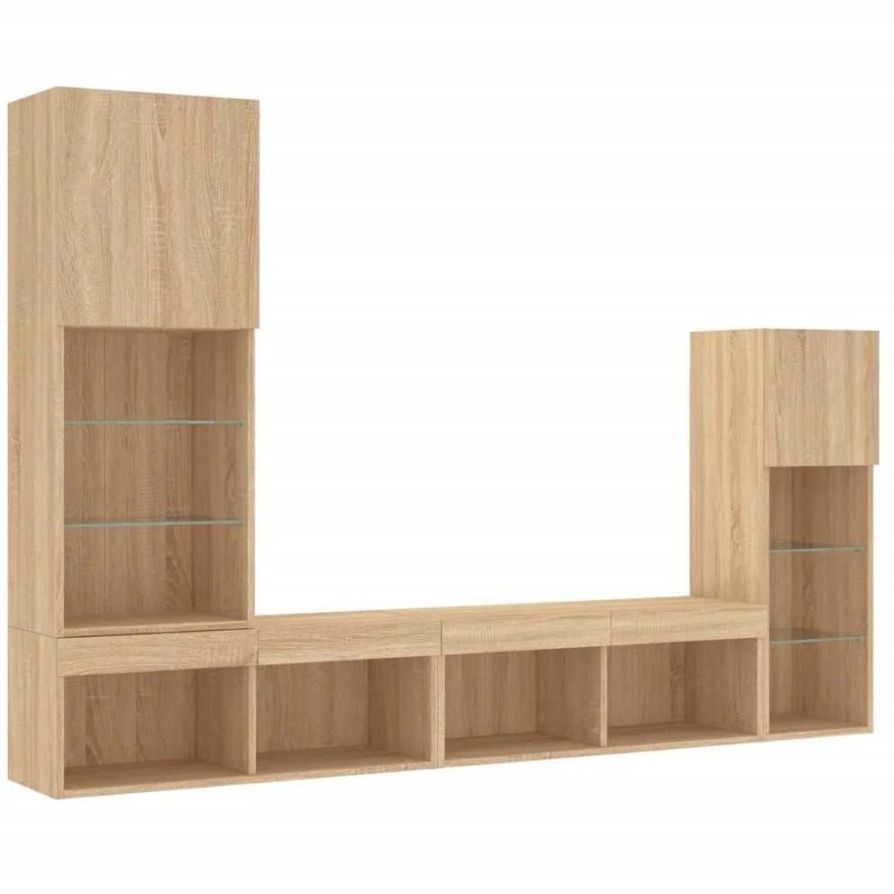 TV staliukas Sieninė TV sekcija su LED, 4 dalių, ąžuolo, apdirbta mediena