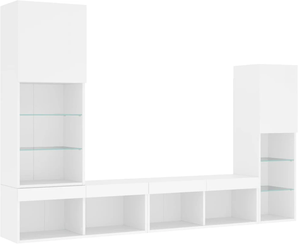 TV staliukas Sieninė TV sekcija su LED, 4 dalių, balta, apdirbta mediena