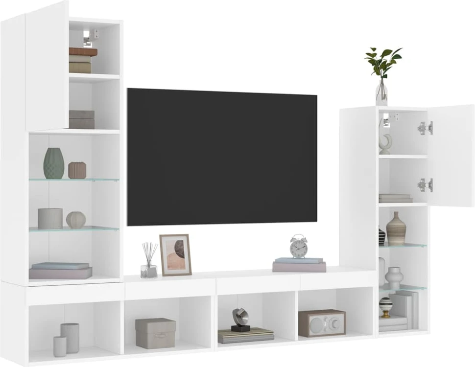 TV staliukas Sieninė TV sekcija su LED, 4 dalių, balta, apdirbta mediena