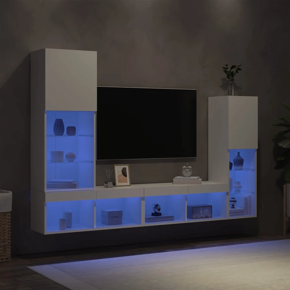TV staliukas Sieninė TV sekcija su LED, 4 dalių, balta, apdirbta mediena