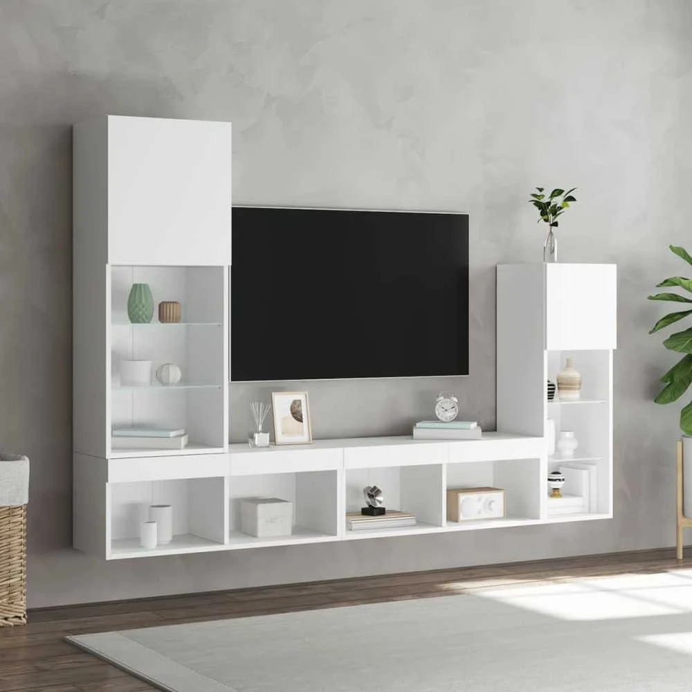 TV staliukas Sieninė TV sekcija su LED, 4 dalių, balta, apdirbta mediena