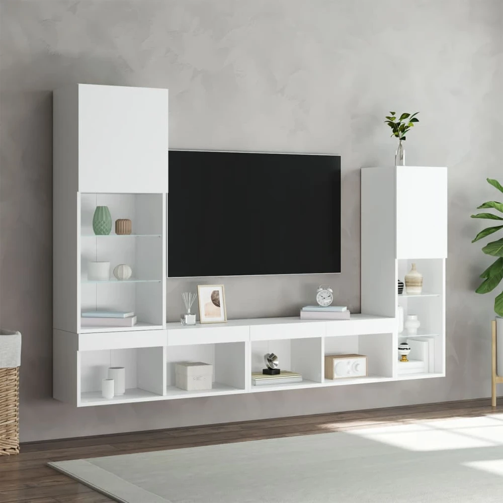 TV staliukas Sieninė TV sekcija su LED, 4 dalių, balta, apdirbta mediena