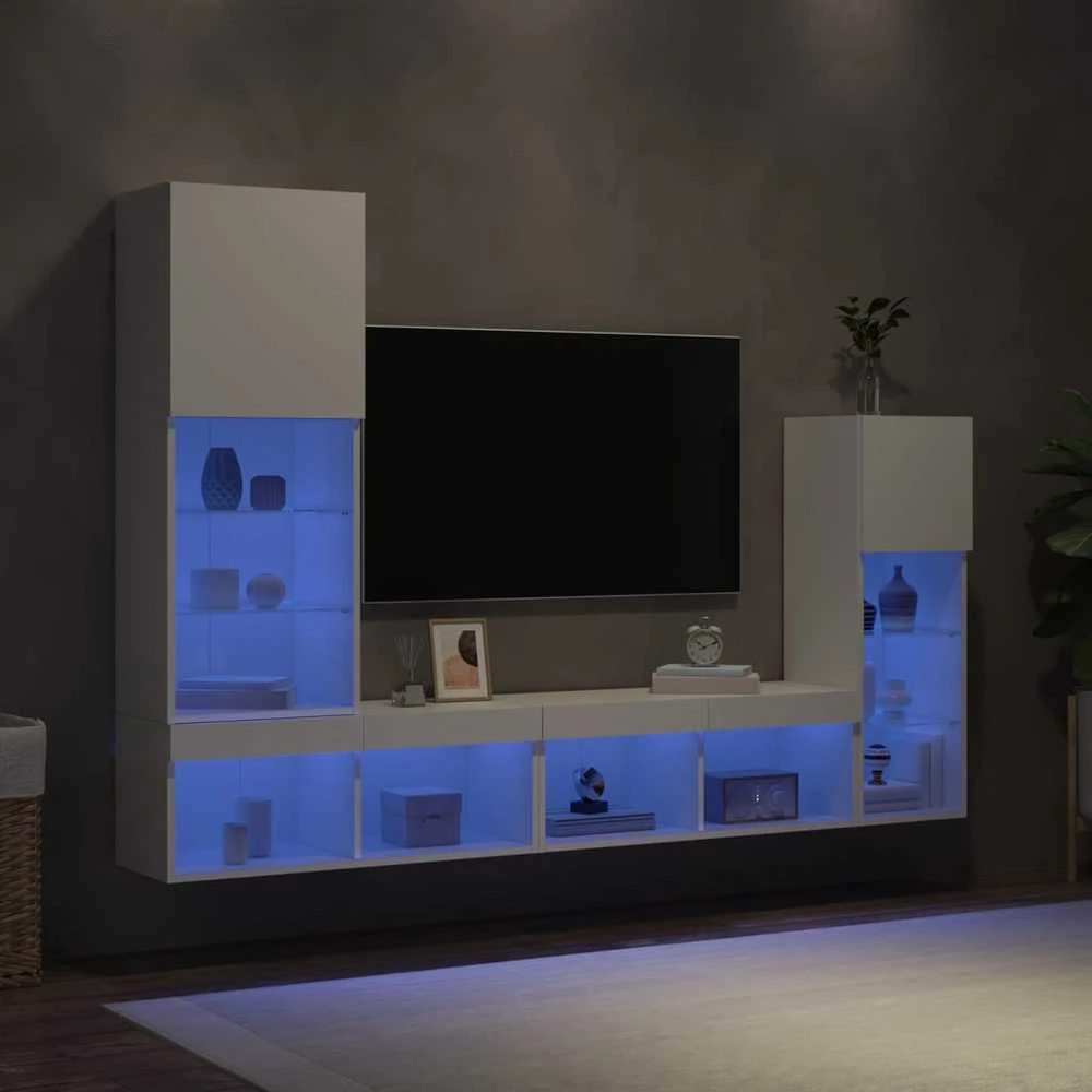 TV staliukas Sieninė TV sekcija su LED, 4 dalių, balta, apdirbta mediena