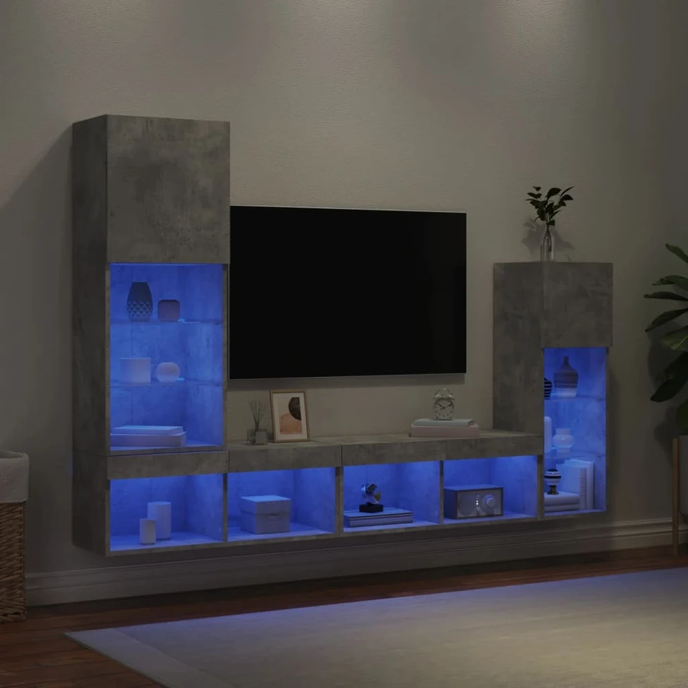 TV staliukas Sieninė TV sekcija su LED, 4 dalių, betono, apdirbta mediena